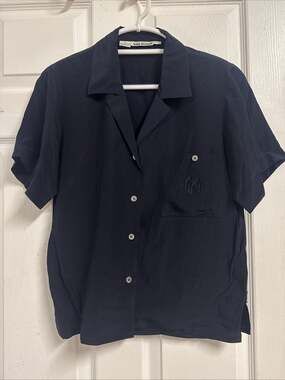 Vintage 80s Anne Klein II Silk Blouse Navy Blue Shirt Sz 8 Monogrammed